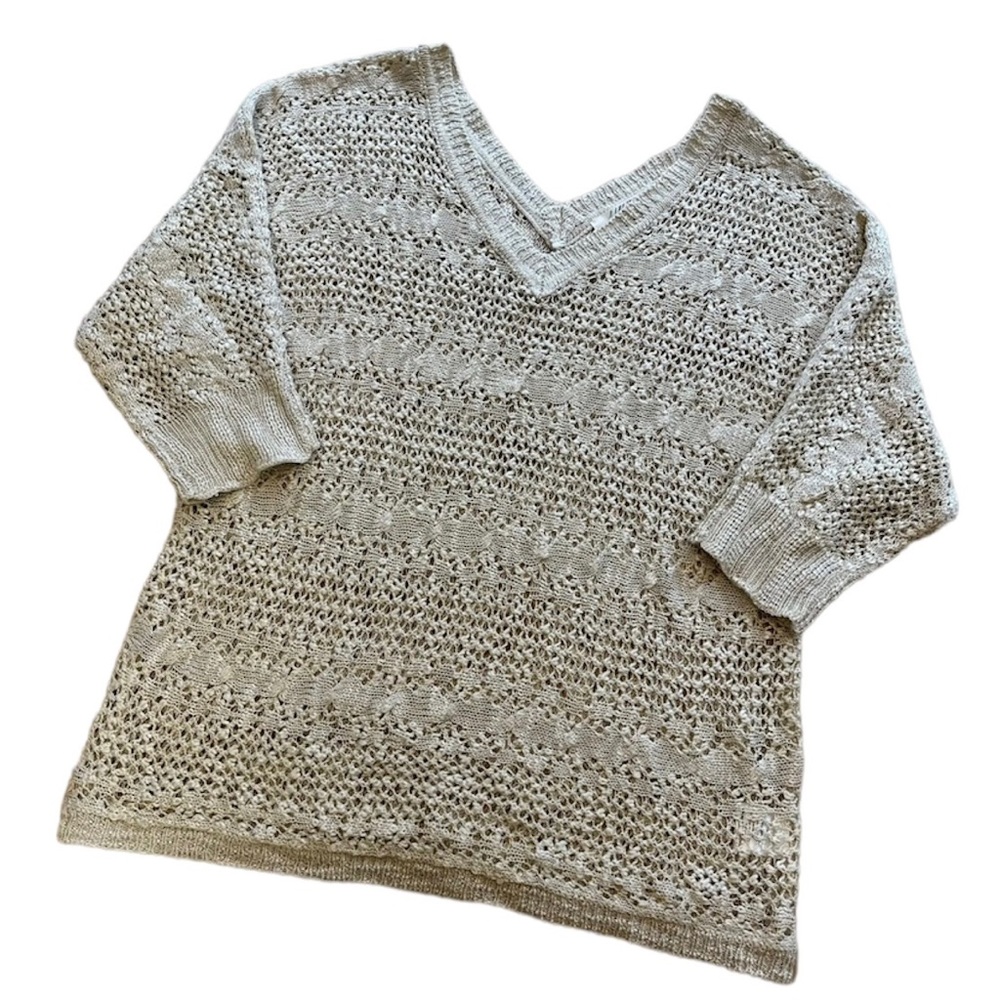 Pink Rose Open Knit Sweater Women's Size L Tan Beige Oatmeal 3/4 Sleeve V Neck